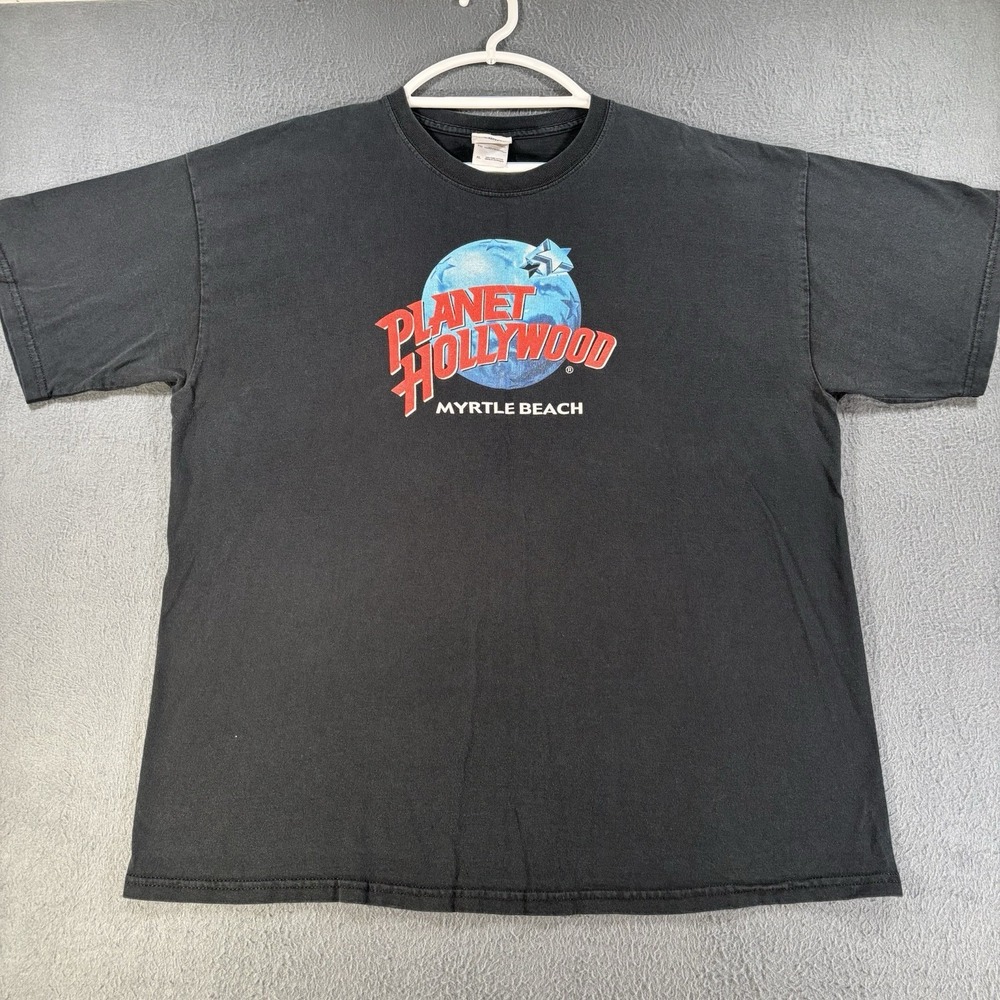 VTG Planet Hollywood Myrtle Beach T-Shirt Black Faded Distressed Graphic Tee Y2K
